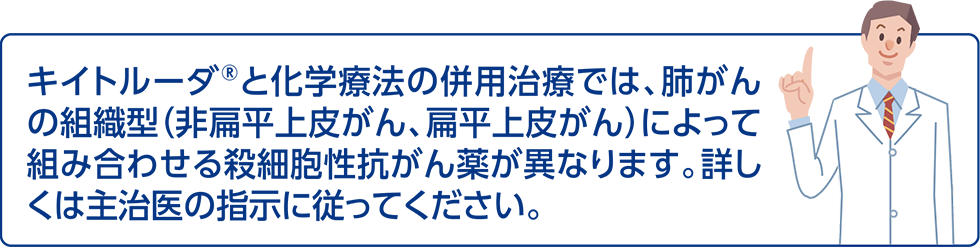 キイトルーダ®と化学療法の併用治療では、肺がんの組織型（非扁平上皮がん、扁平上皮がん）によって組み合わせる殺細胞性抗がん薬が異なります。詳しくは主治医の指示に従ってください。