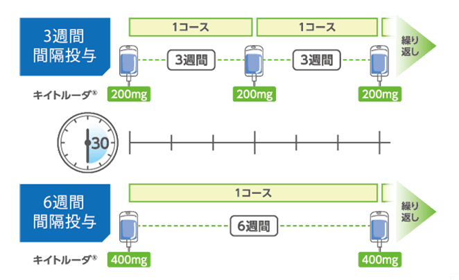 3週間間隔投与　1コースごと(3週間ごと)に200㎎のキイトルーダ®を投与を繰り返す または 6週間間隔投与　1コースごと(6週間ごと)に400㎎のキイトルーダ®を投与を繰り返す