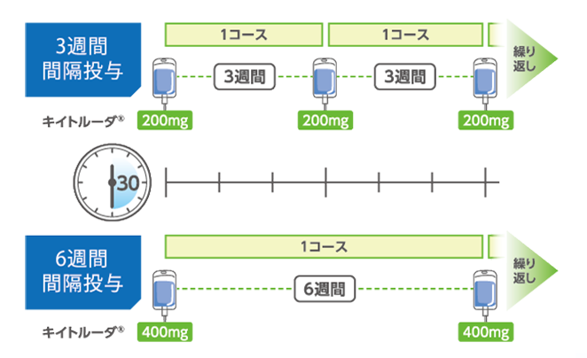 3週間間隔投与　1コースごと(3週間ごと)に200㎎のキイトルーダ®を投与を繰り返す または 6週間間隔投与　1コースごと(6週間ごと)に400㎎のキイトルーダ®を投与を繰り返す