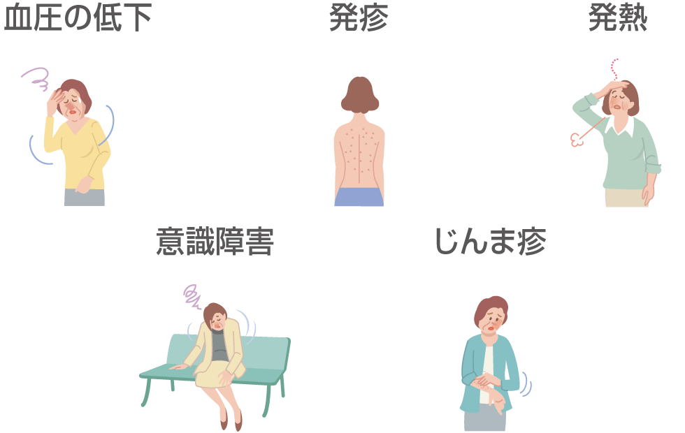 血圧の低下、発疹、発熱、意識障害、じんま疹