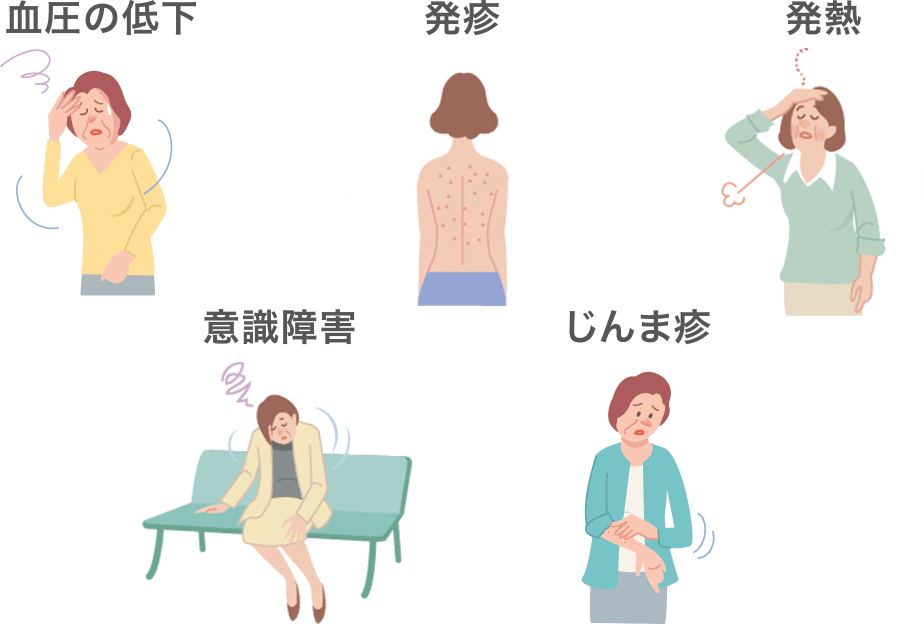 血圧の低下、発疹、発熱、意識障害、じんま疹