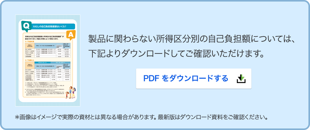 製品に関わらない所得区分別の自己負担額については、下記よりダウンロードしてご確認いただけます。（PDFをダウンロードする）